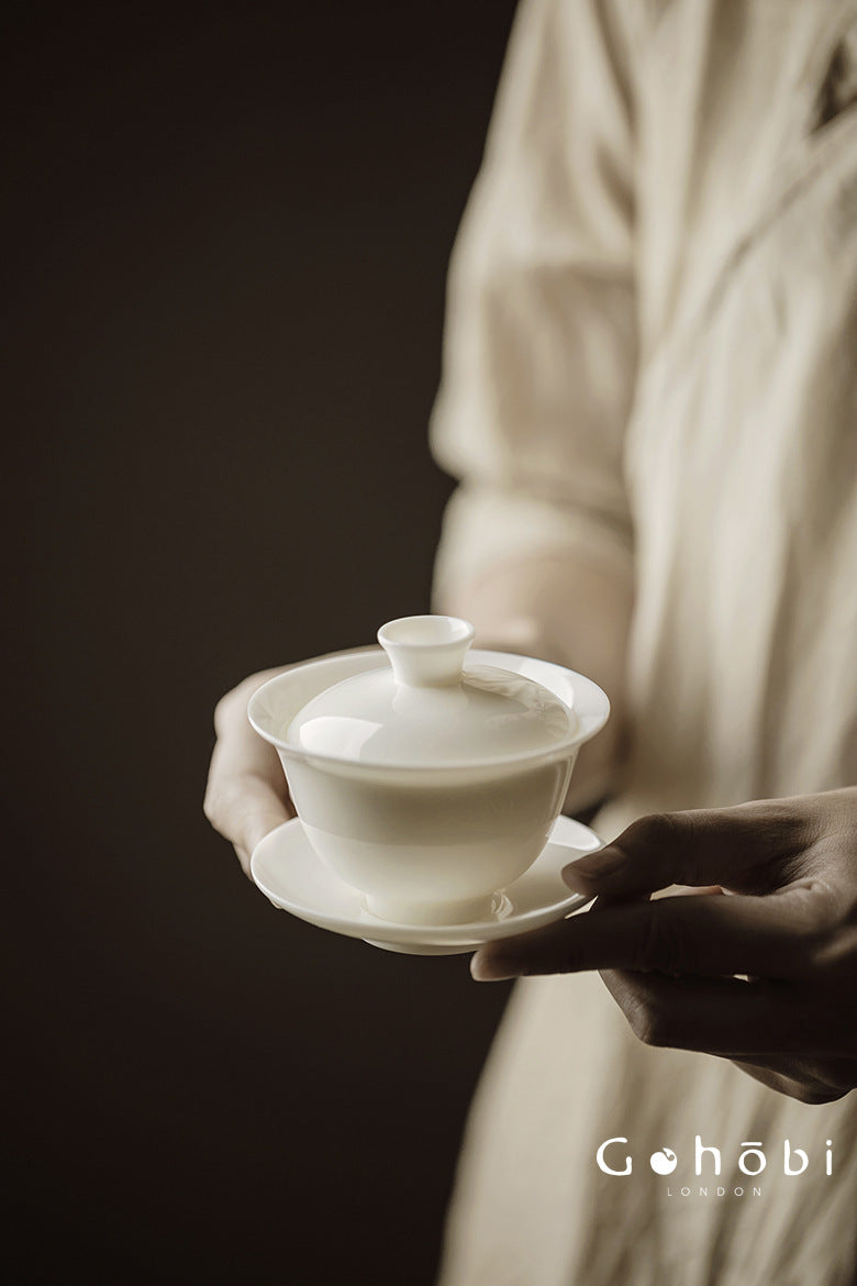 Gohobi Handmade White Jade Porcelain Gaiwan – Thin Porcelain Tea Bowl with Saucer