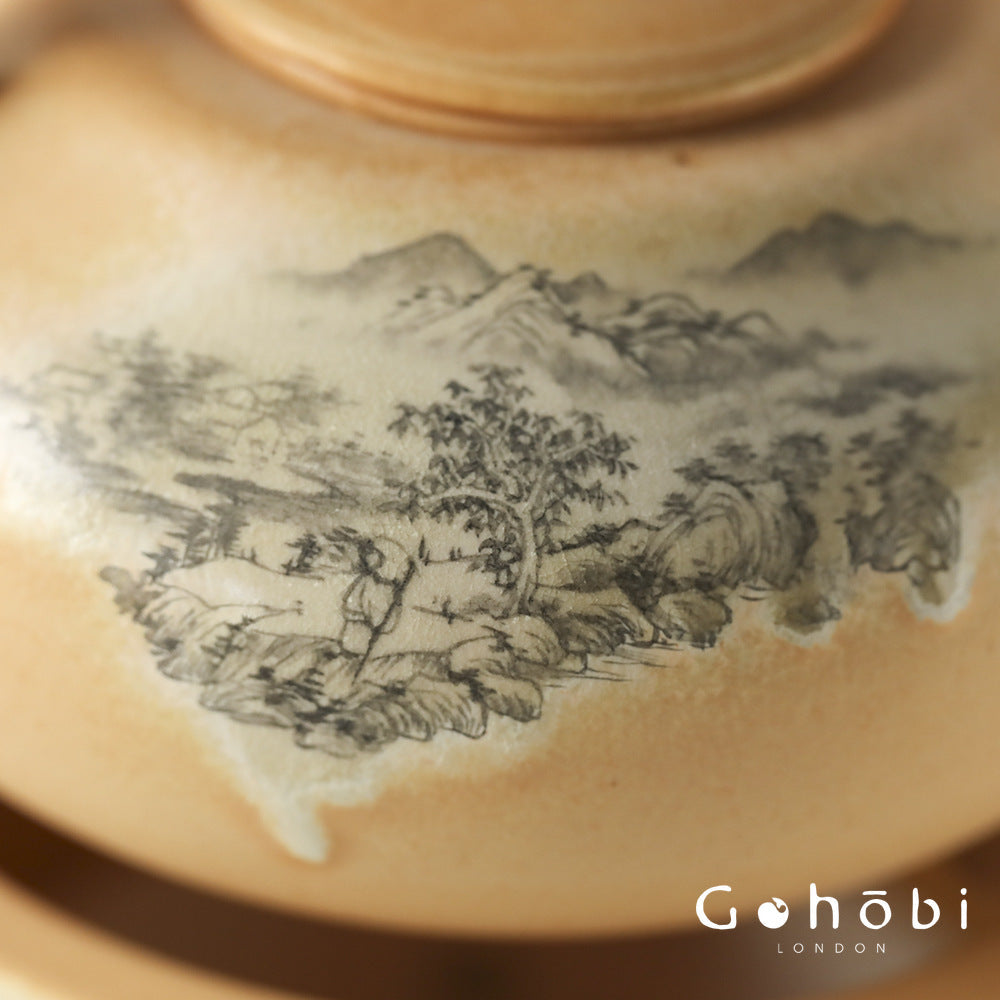 Gohobi Firewood-Style Mini Stove Teapot – Hand-Painted Landscape Charcoal Tea Pot