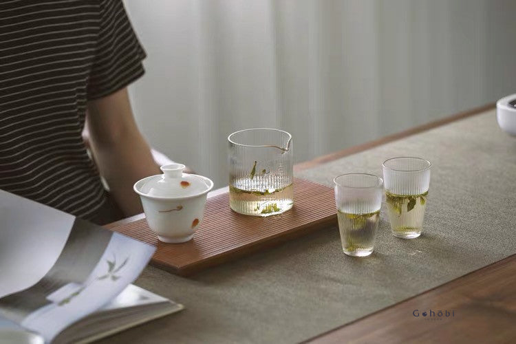 Gohobi Handcrafted Japanese-Style Glass Tea Cup – 100ml | Clear Striped Design for Loose Leaf & Matcha Tea