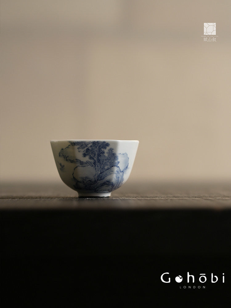 [賦山敘 x Gohobi] Gohobi Jingdezhen Hand-Painted Blue and White Landscape Teacup – Hexagonal Silver Foot Gongfu Tea Cup