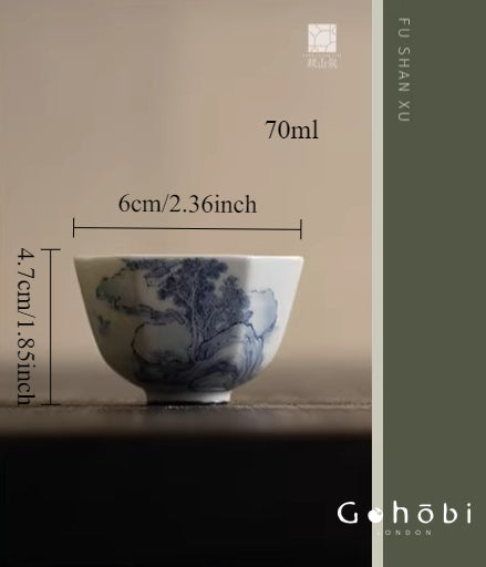 [賦山敘 x Gohobi] Gohobi Jingdezhen Hand-Painted Blue and White Landscape Teacup – Hexagonal Silver Foot Gongfu Tea Cup