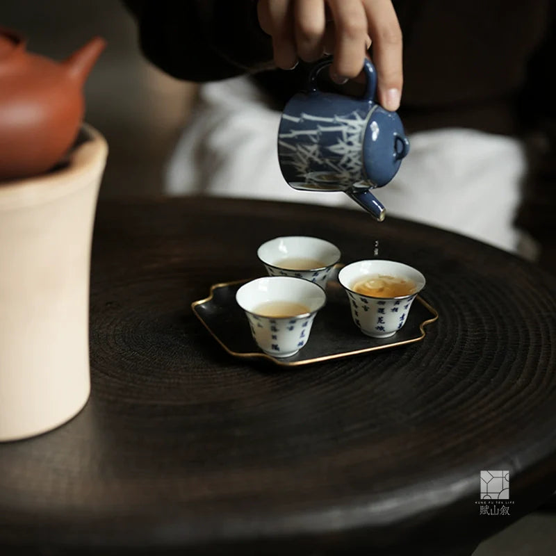 [賦山敘 x Gohobi] “Garden Bamboo” Splash-Blue Carved Teapot – Handcrafted Jingdezhen Ceramic Gongfu Teapot with Colored Glaze