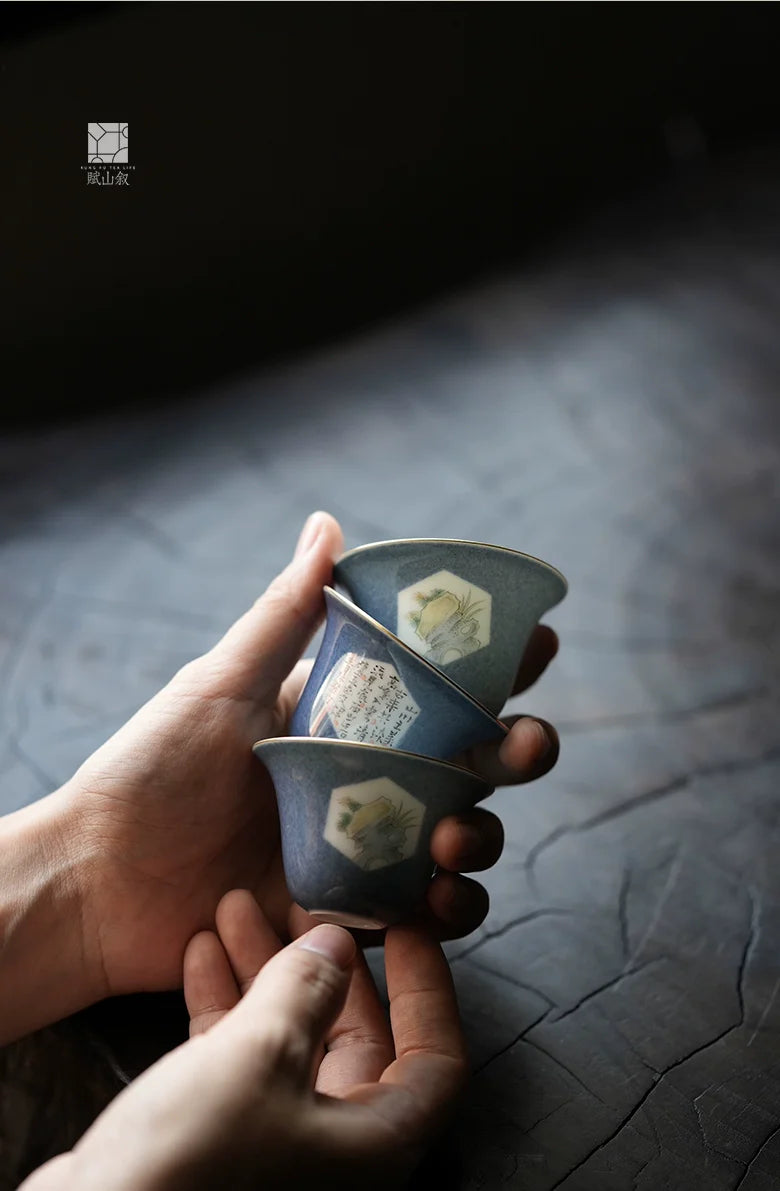 [賦山敘 x Gohobi] “Splash-Blue Stone & Poetry” Teacup Set – 3pcs Handcrafted Jingdezhen Ceramic Gongfu Tasting Cups