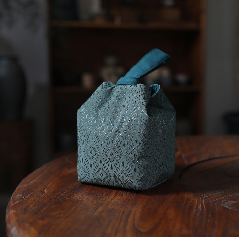 Gohobi Green Weaving Brocade Teaware Storage Travel Bag Shifuku