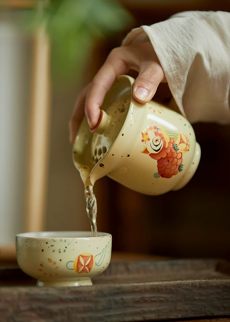Gohobi Hand-painted Dance Lion Gaiwan Set  Hohin Teapot