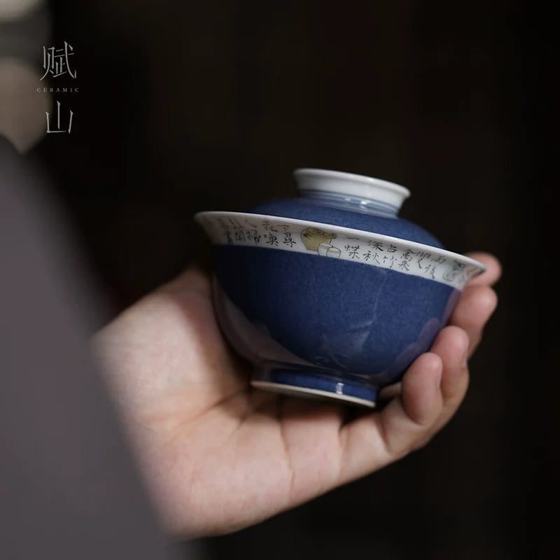 [賦山敘 x Gohobi] “Hokusai After the Rain” Splash-Blue Gaiwan – Handcrafted Chinese Gongfu Tea Bowl with Still-Life Design
