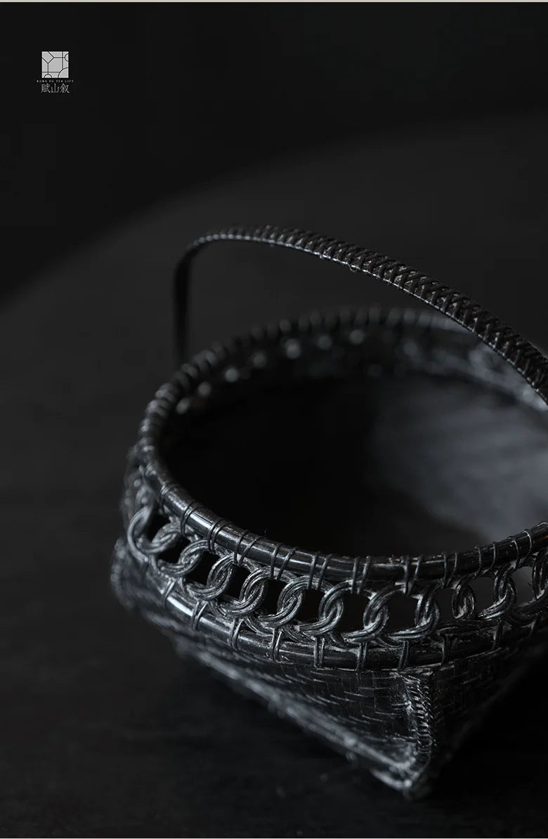 [賦山敘 x Gohobi] Handwoven Double-Layer Bamboo Charcoal Basket – Japanese-Style Aged Finish with Lacquered Ash Holder for Teaware Rituals