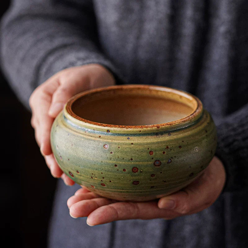 Gohobi Jingdezhen Handmade Ceramic Tea Waste Bowl – Retro Green Coarse Pottery Gongfu Tea Wash