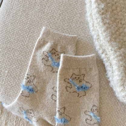 Gohobi Fleece-Lined Cat Print Winter Socks
