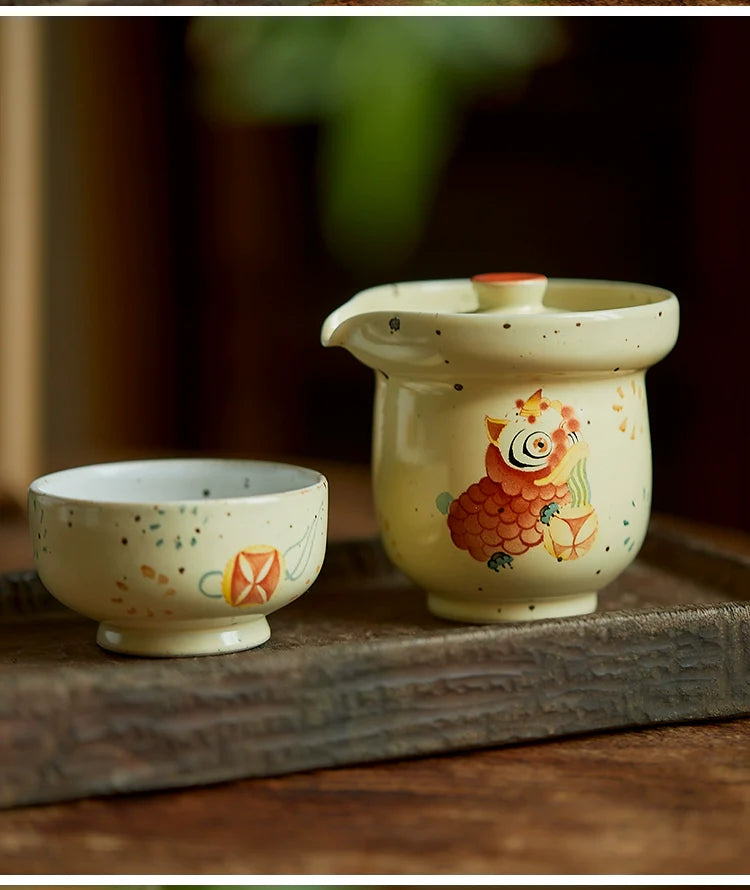 Gohobi Hand-painted Dance Lion Gaiwan Set  Hohin Teapot