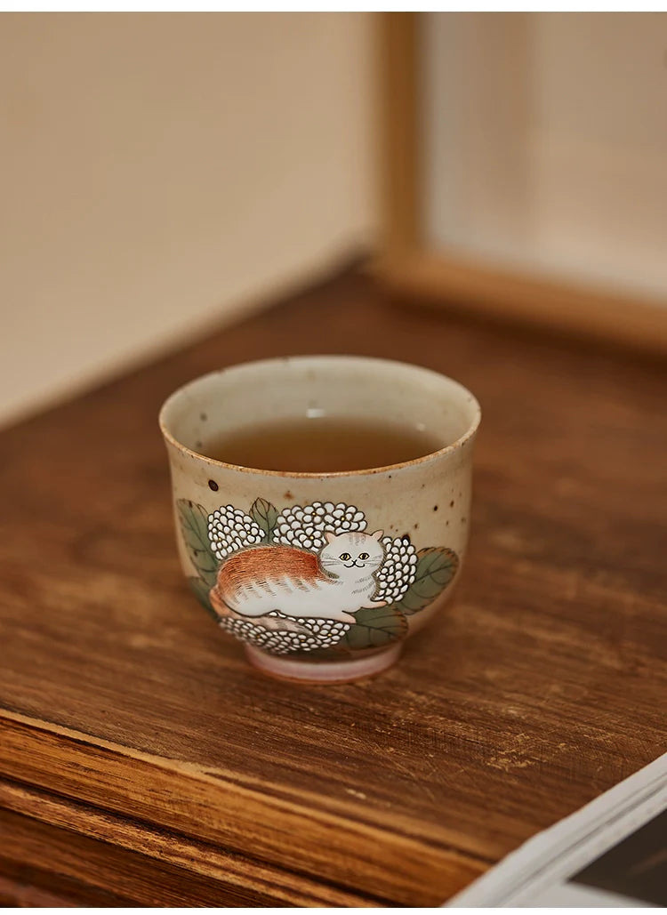 Gohobi Hand-painted Cat Hydrangeas Ceramic Tea Cup
