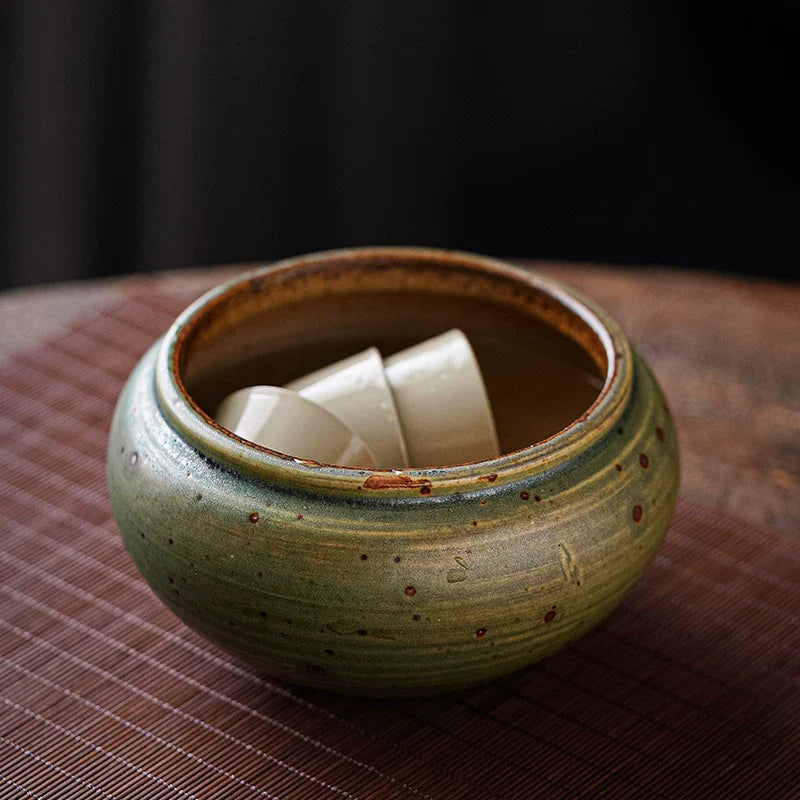 Gohobi Jingdezhen Handmade Ceramic Tea Waste Bowl – Retro Green Coarse Pottery Gongfu Tea Wash