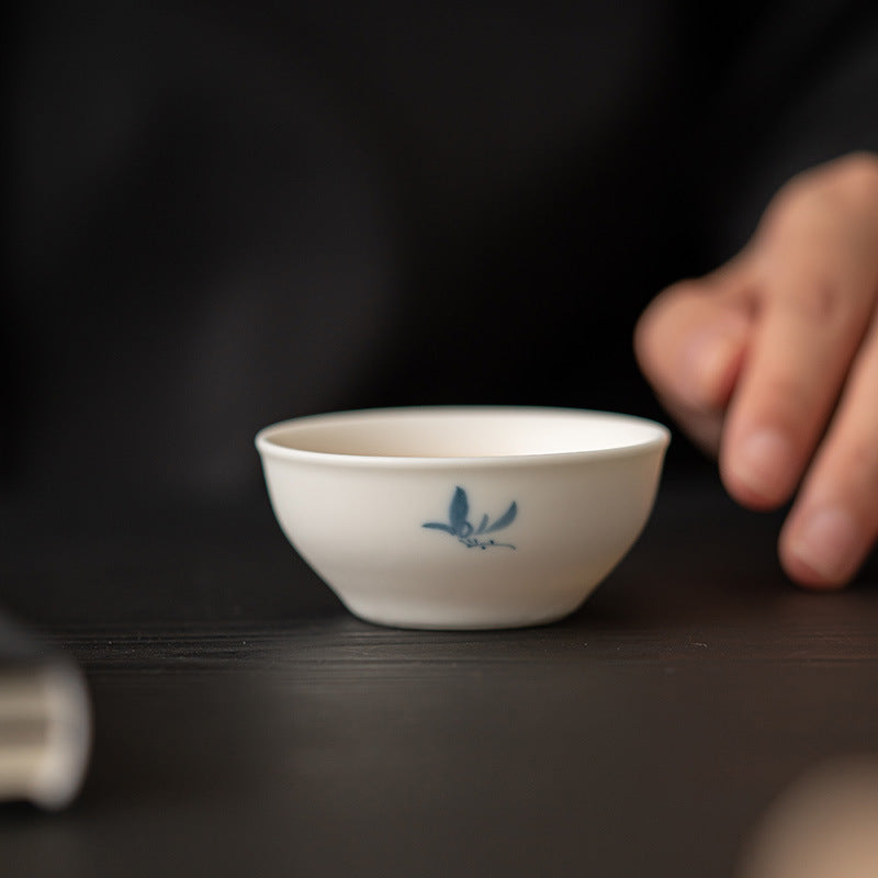 Gohobi Matte Hand-Painted 'Autumn Orchid by the Water' Ceramic Teacup
