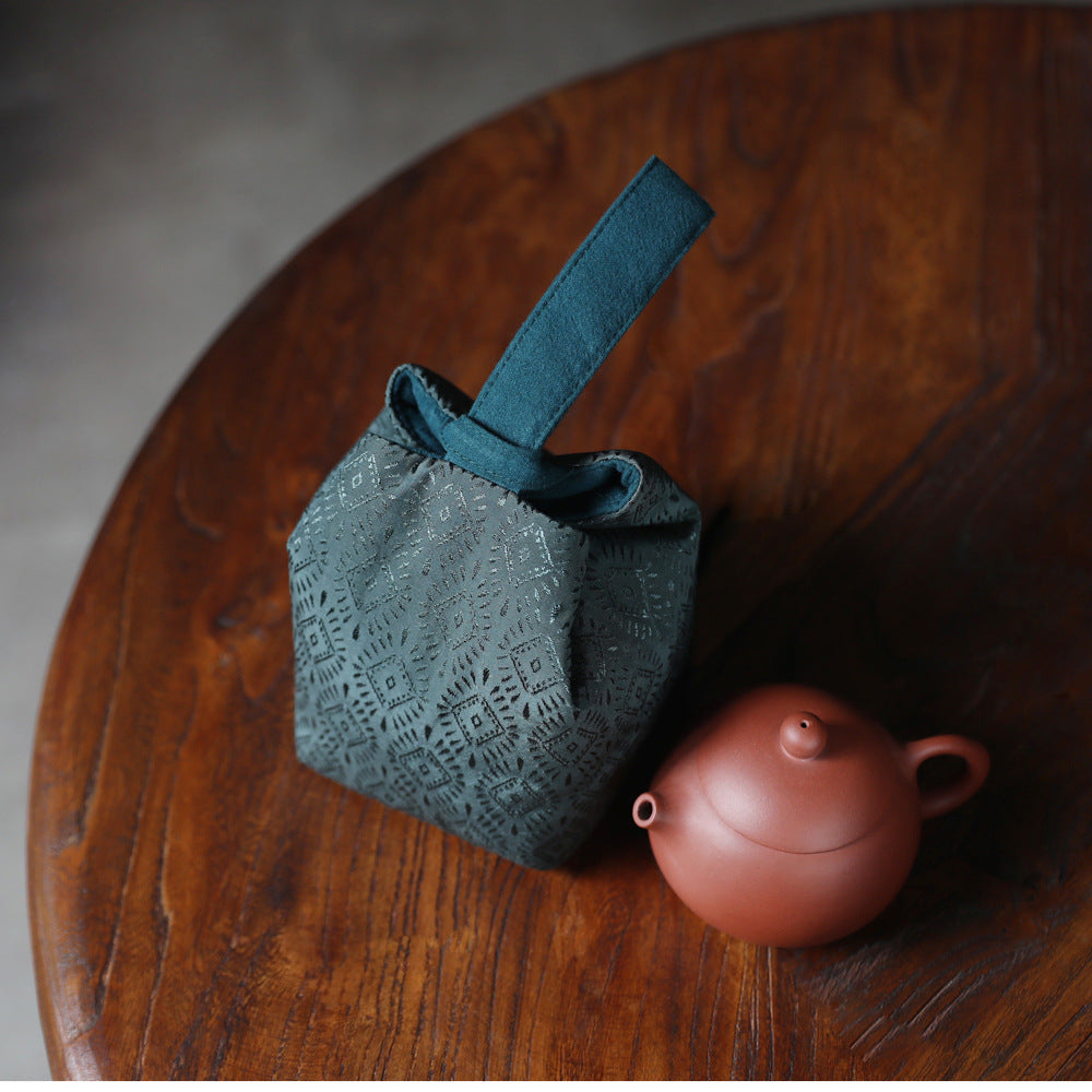 Gohobi Green Weaving Brocade Teaware Storage Travel Bag Shifuku