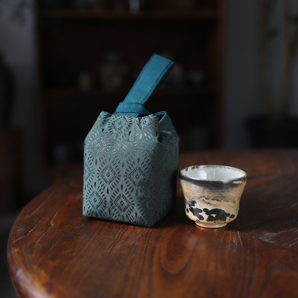 Gohobi Green Weaving Brocade Teaware Storage Travel Bag Shifuku