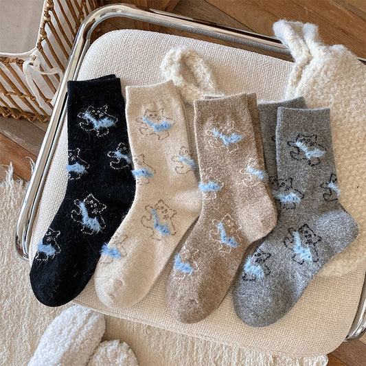 Gohobi Fleece-Lined Cat Print Winter Socks