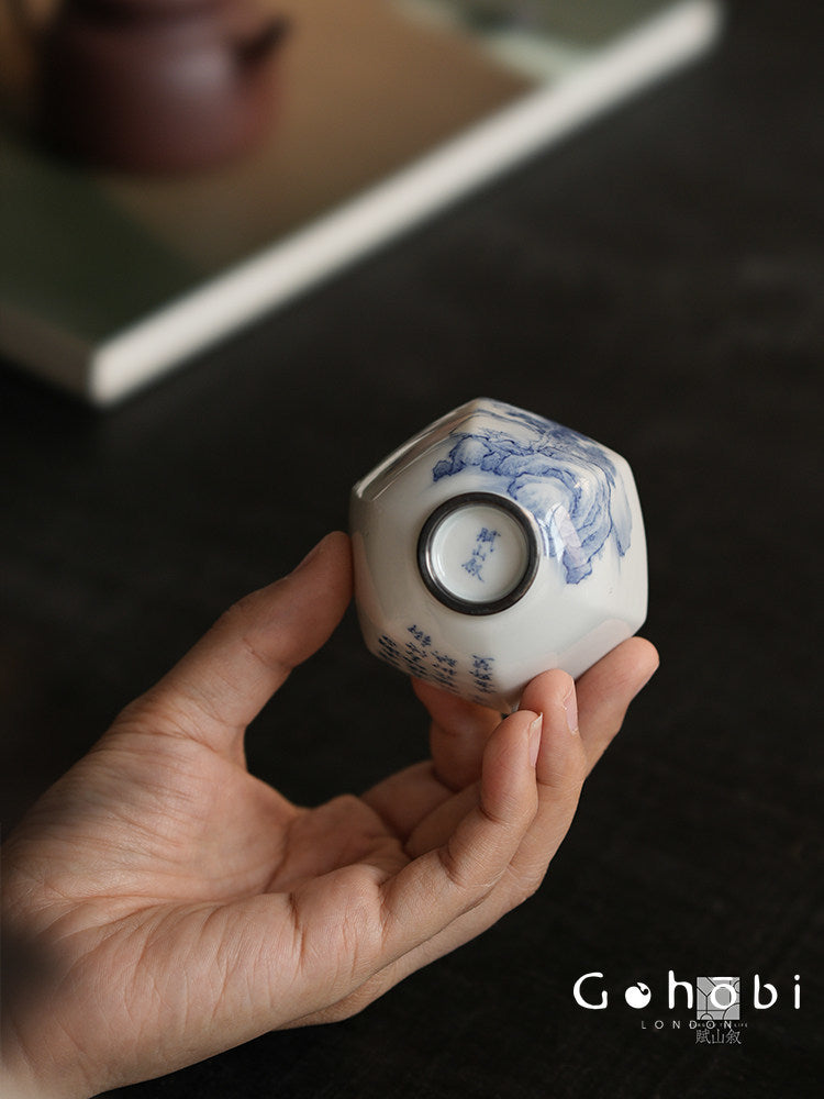 [賦山敘 x Gohobi] Gohobi Jingdezhen Hand-Painted Blue and White Landscape Teacup – Hexagonal Silver Foot Gongfu Tea Cup