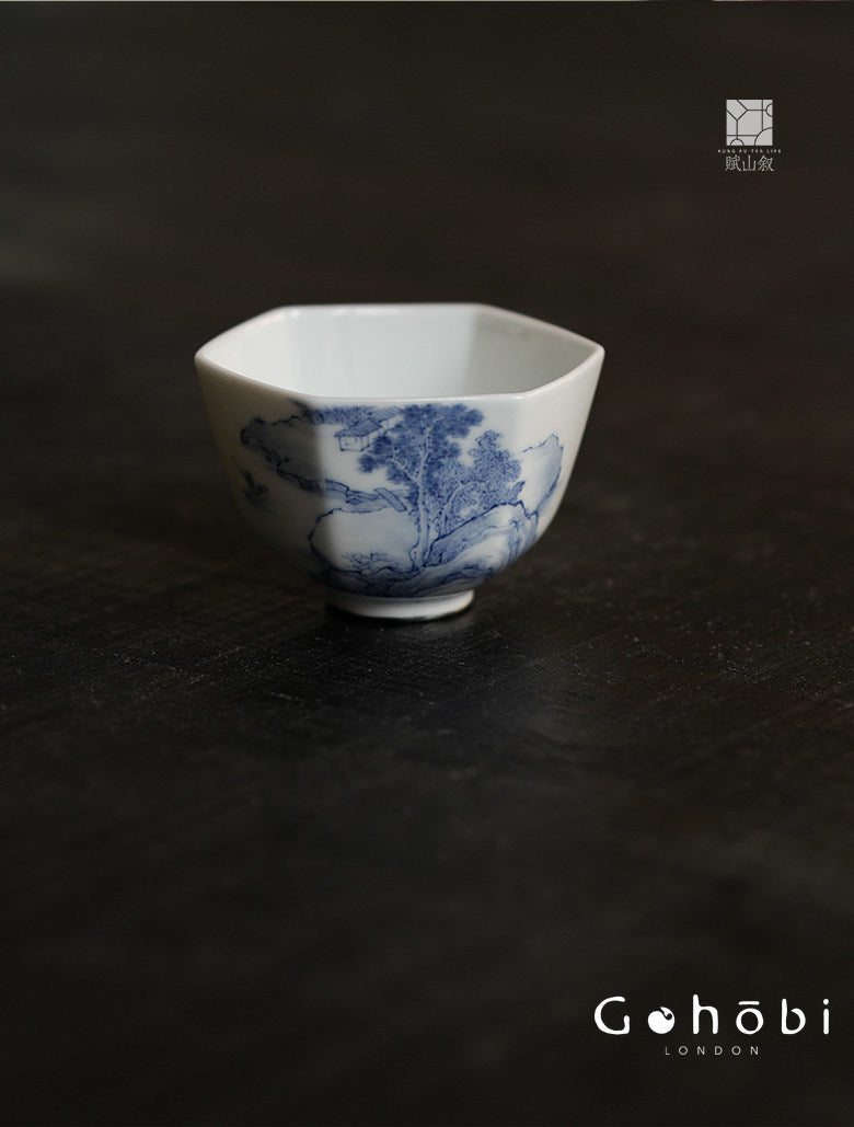 [賦山敘 x Gohobi] Gohobi Jingdezhen Hand-Painted Blue and White Landscape Teacup – Hexagonal Silver Foot Gongfu Tea Cup