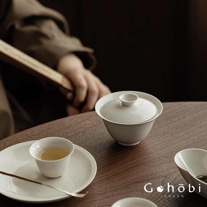 Gohobi Wood Ash Glaze Thin Porcelain Gaiwan – Literati Style Handmade Covered Tea Bowl