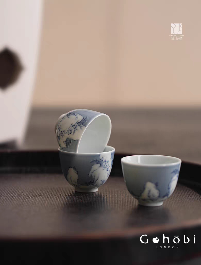[賦山敘 x Gohobi] Gohobi Jingdezhen Hand-Painted Snow Landscape Teacup – Blue Scattering Glaze Gongfu Guest Cup