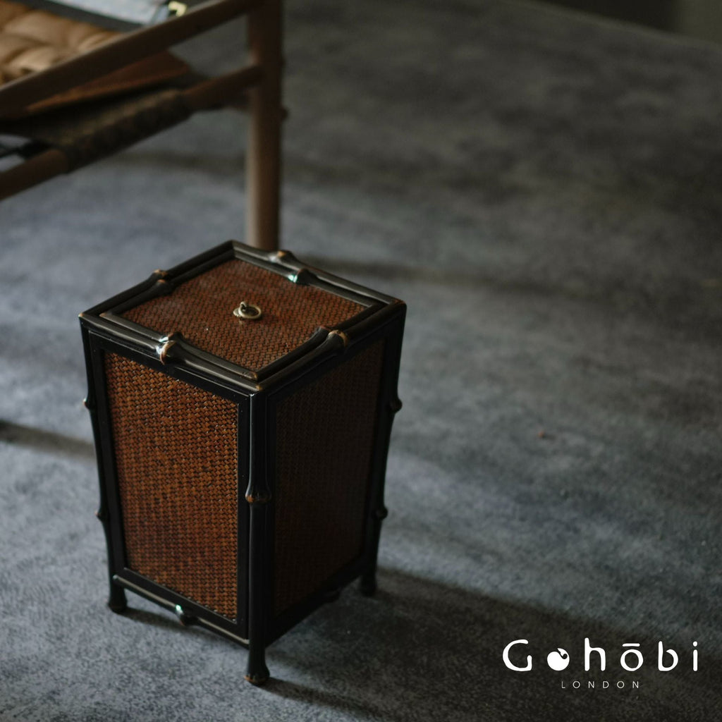 Gohobi Handmade Black Bamboo Waste Basket with Lid – Chinese Style Bamboo Trash Can for Living Room or Study