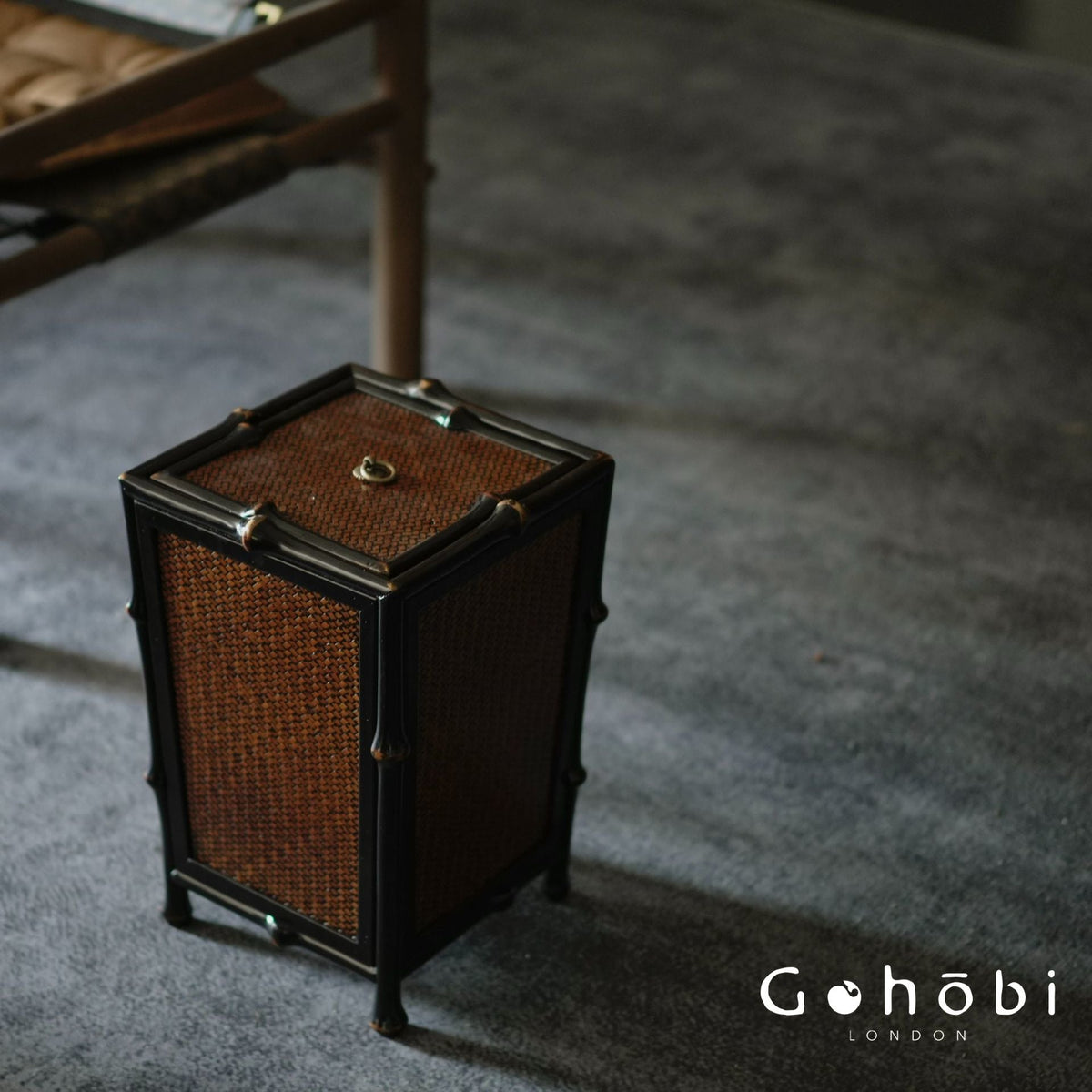 Gohobi Handmade Black Bamboo Waste Basket with Lid – Chinese Style Bamboo Trash Can for Living Room or Study