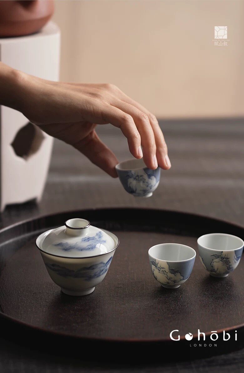 [賦山敘 x Gohobi] Gohobi Jingdezhen Blue and White Landscape Gaiwan – Silver Rim Ceramic Gongfu Tea Bowl