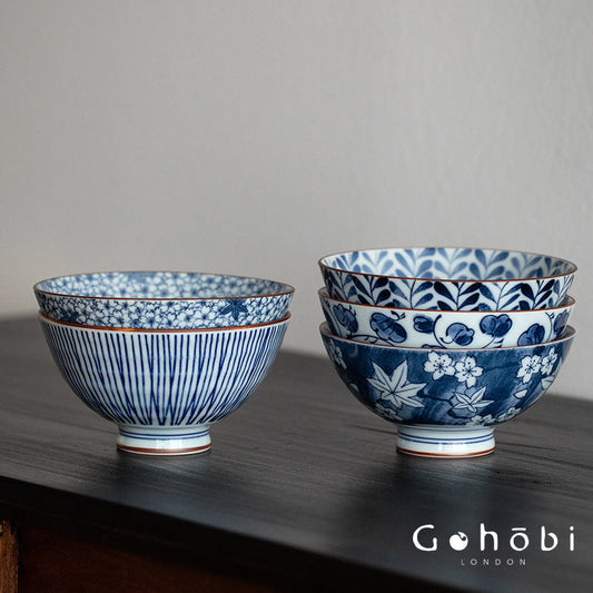 Gohobi Japanese Ancient Dyed Blue Rice Bowl – Minoya Porcelain Tableware [Made in Japan]