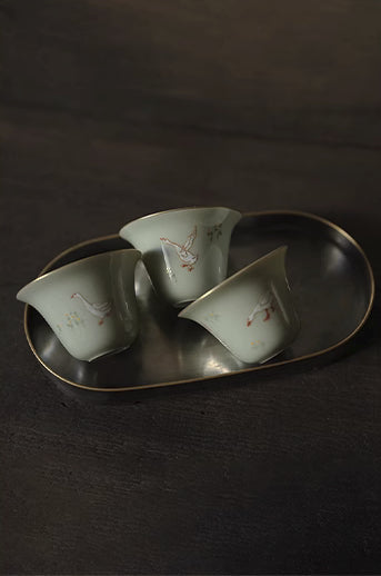 [賦山敘 x Gohobi] Celadon “Playful Goose” Teacup Set – 3pcs Hand-Painted Ceramic Gongfu Tea Cups for Home Use