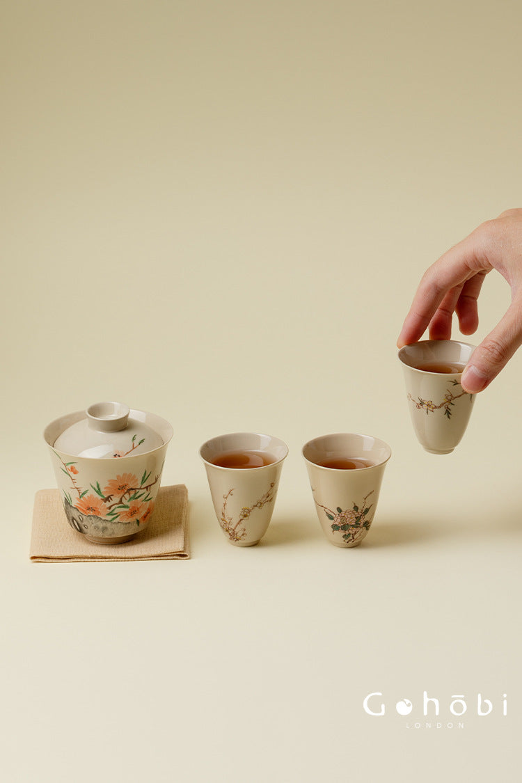 Gohobi Wood Ash Glaze Travel Tea Set – Hand-Painted Gaiwan Tea Set with Leather Case