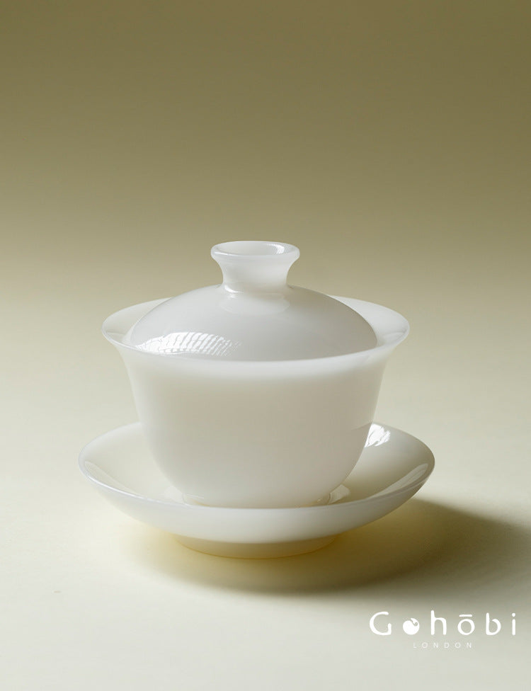 Gohobi Ice Jade Porcelain Gaiwan – Three-Piece Chinese White Porcelain Tea Bowl