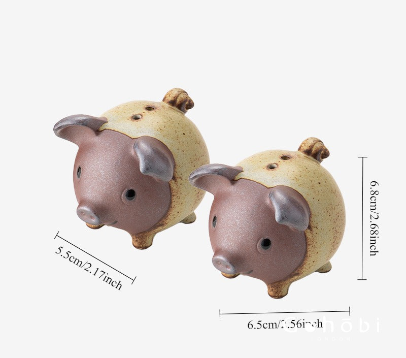 Gohobi Japanese Handmade Coarse Pottery Pig Seasoning Bottles Condiment Shakers (A set of 2) [Made in Japan]