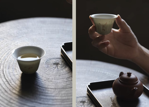 [賦山敘 x Gohobi] Celadon “Playful Goose” Teacup Set – 3pcs Hand-Painted Ceramic Gongfu Tea Cups for Home Use