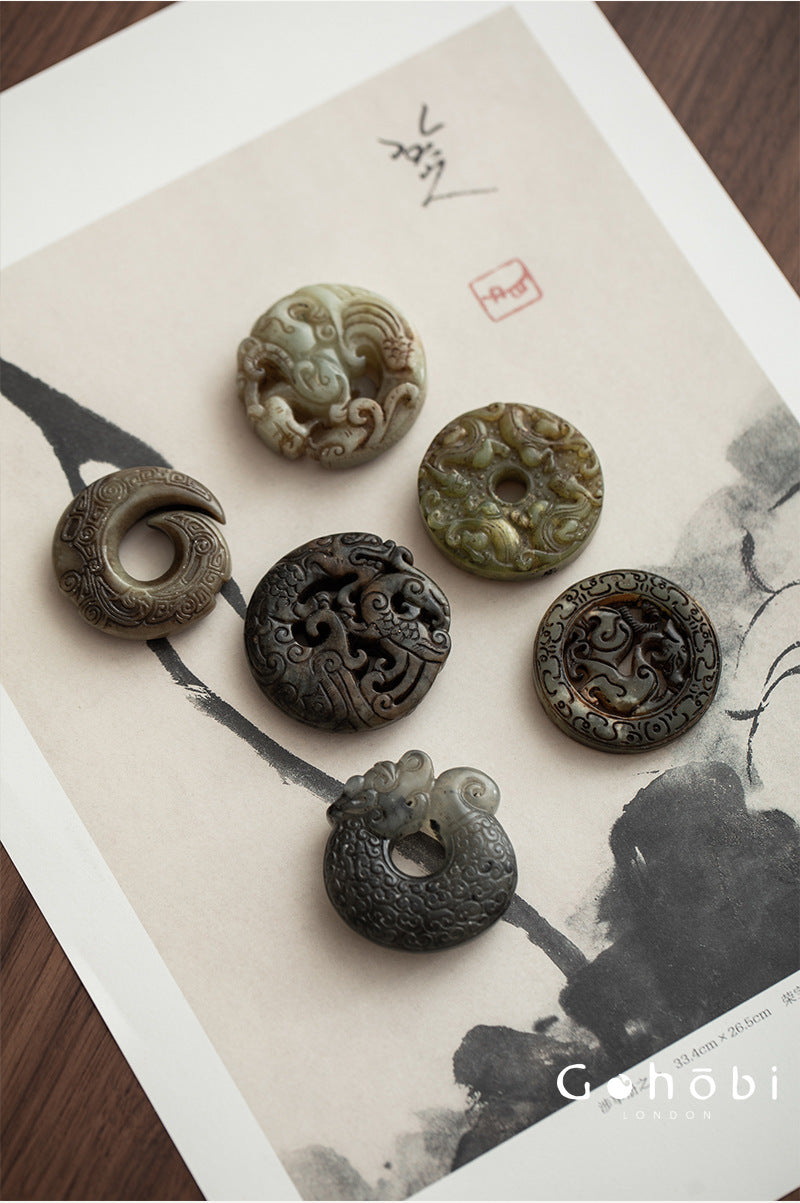 Gohobi Antique Style Jade Pendant – Pixiu and Ruyi Tea Ceremony Decorative Pendant