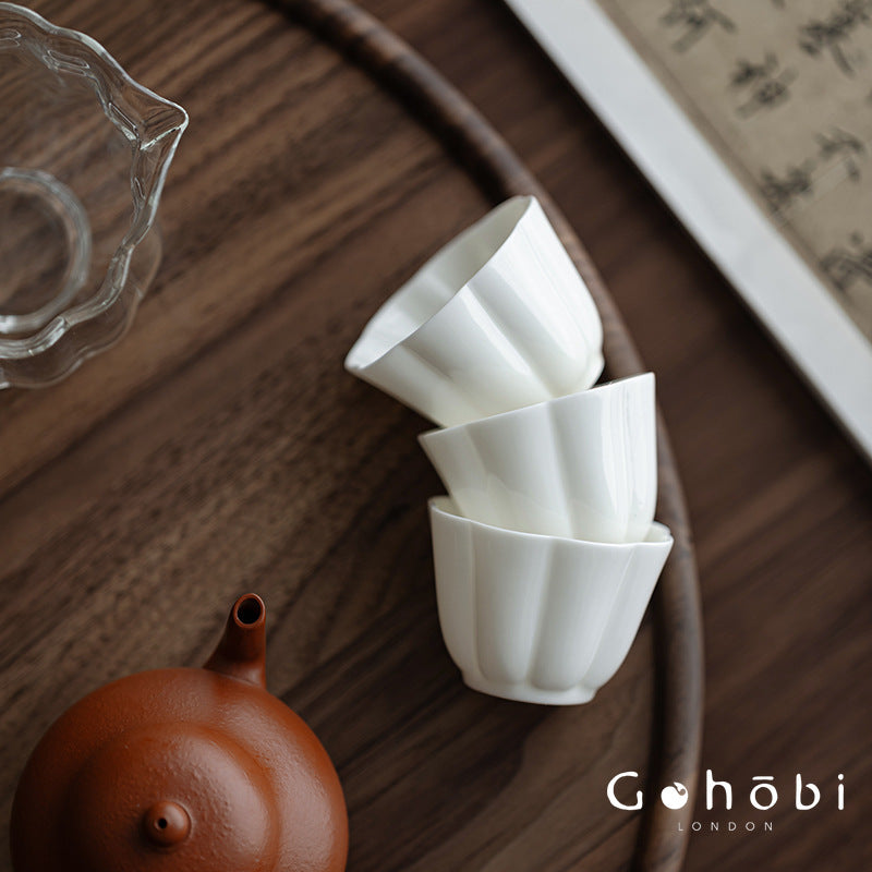 Gohobi Handmade White Porcelain Teacup – Thin Porcelain Flower Rim Gongfu Master Cup