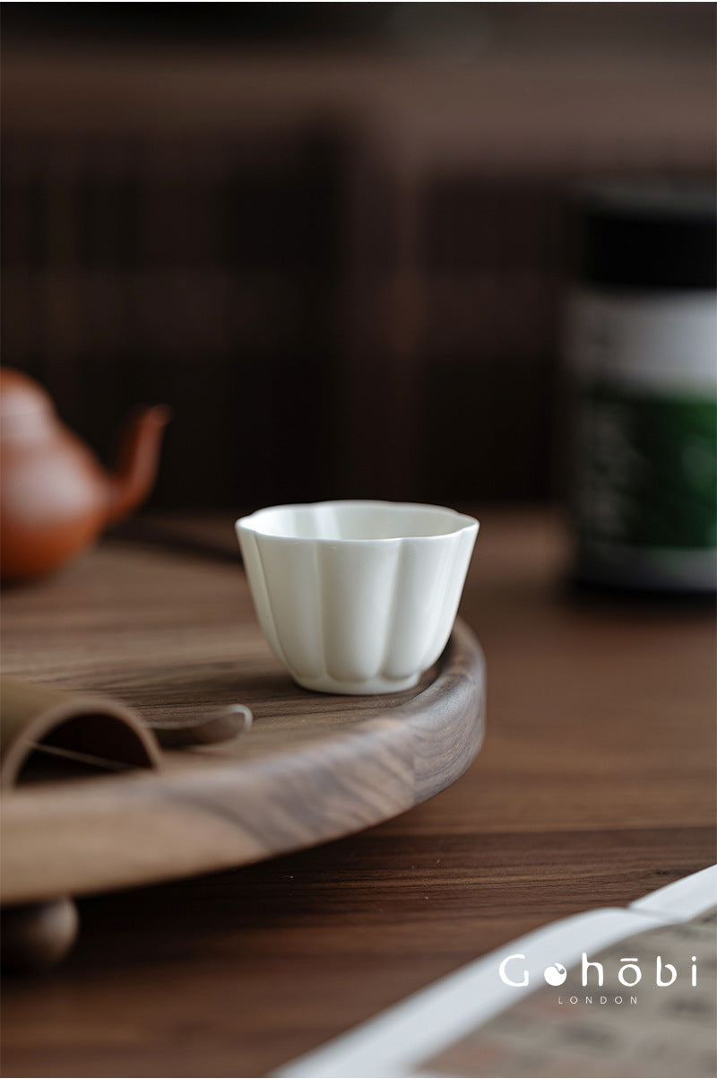 Gohobi Handmade White Porcelain Teacup – Thin Porcelain Flower Rim Gongfu Master Cup