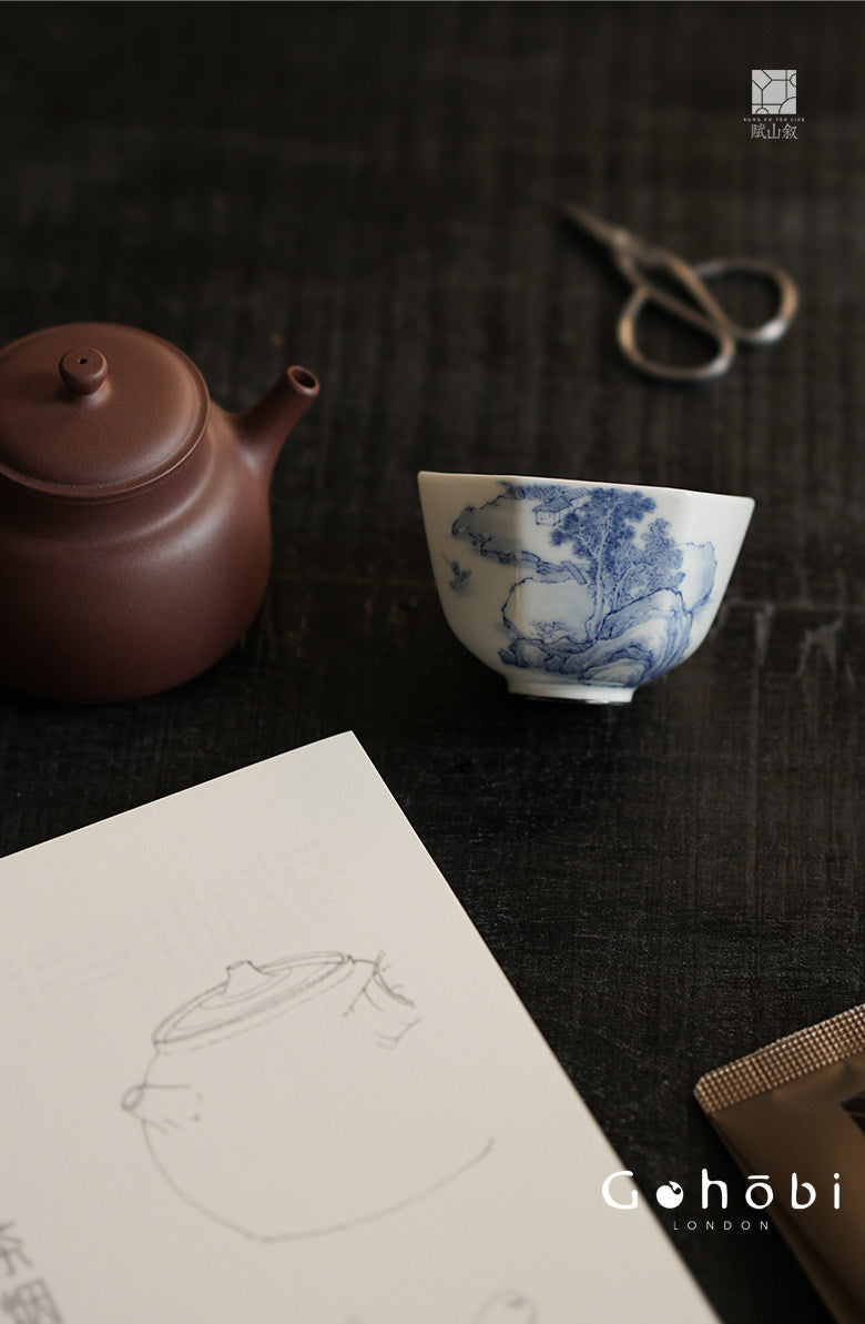 [賦山敘 x Gohobi] Gohobi Jingdezhen Hand-Painted Blue and White Landscape Teacup – Hexagonal Silver Foot Gongfu Tea Cup