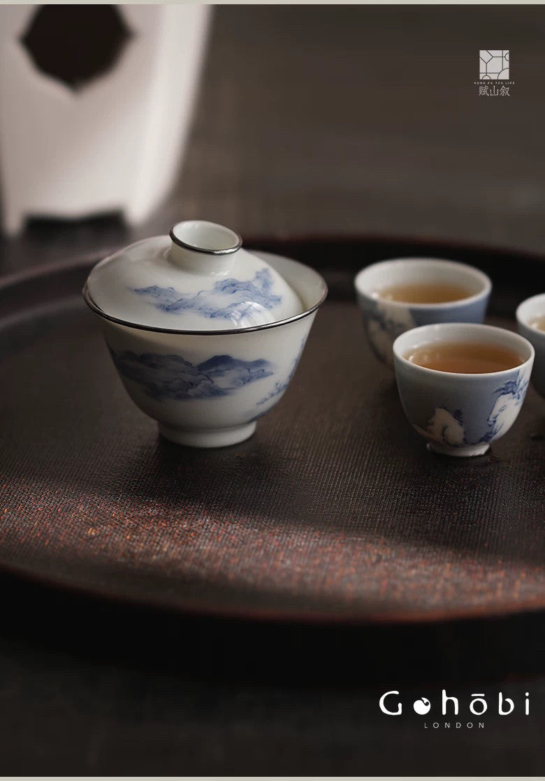 [賦山敘 x Gohobi] Gohobi Jingdezhen Blue and White Landscape Gaiwan – Silver Rim Ceramic Gongfu Tea Bowl