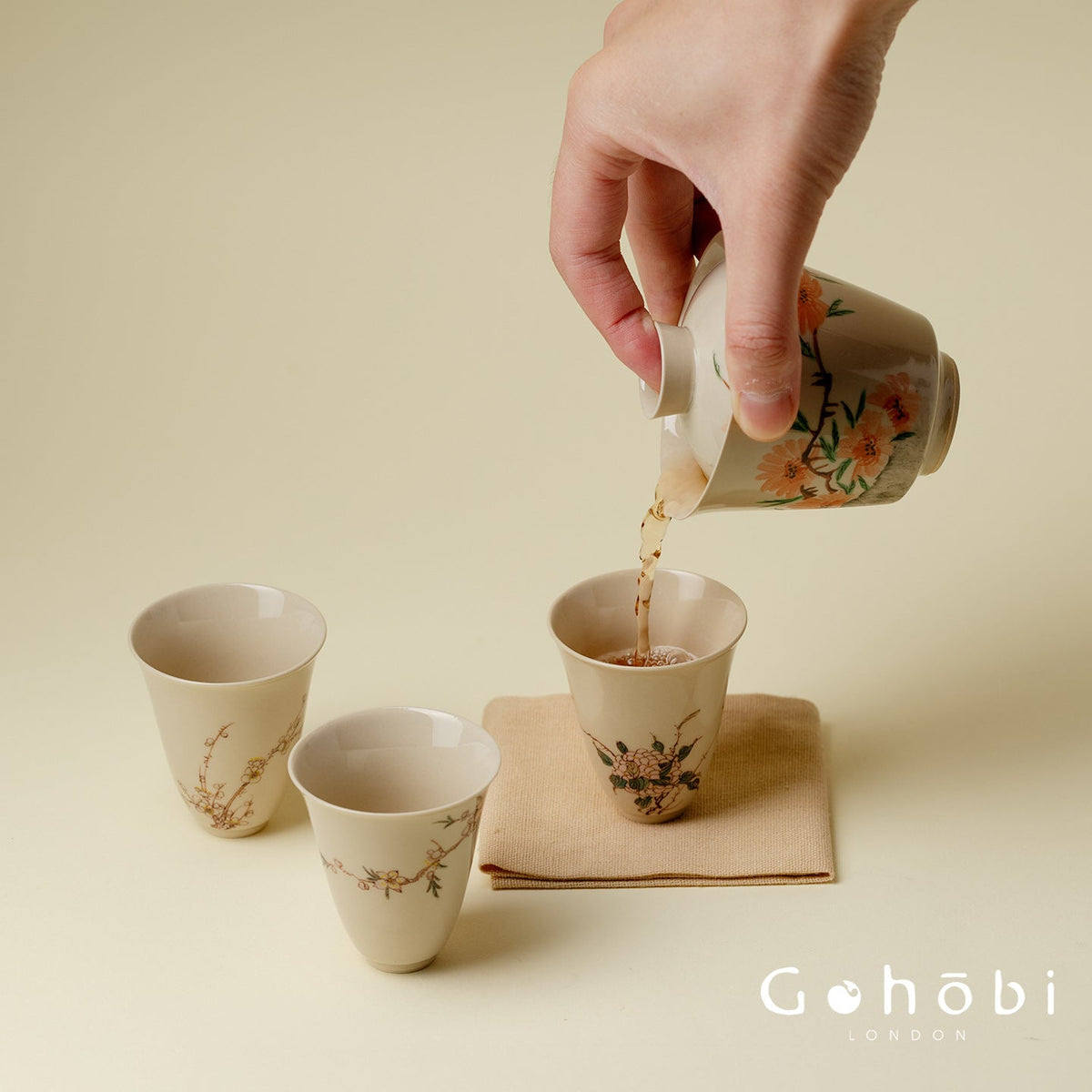Gohobi Wood Ash Glaze Travel Tea Set – Hand-Painted Gaiwan Tea Set with Leather Case