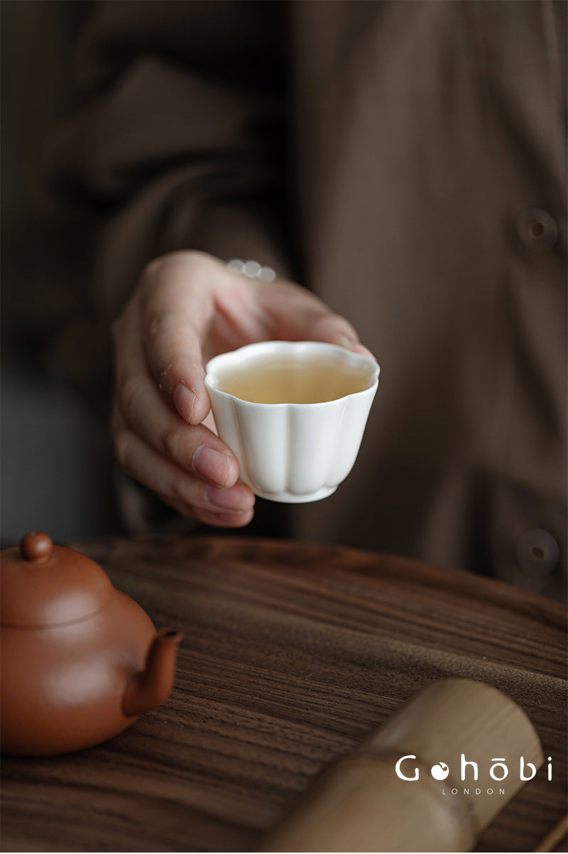 Gohobi Handmade White Porcelain Teacup – Thin Porcelain Flower Rim Gongfu Master Cup