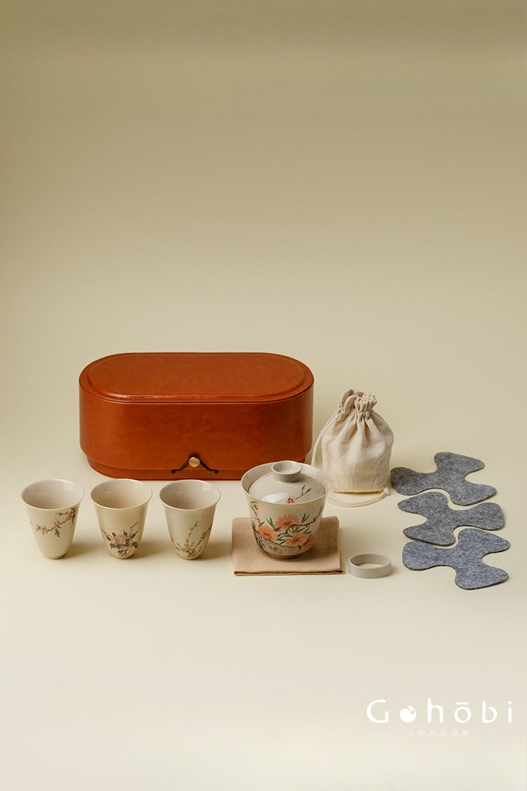 Gohobi Wood Ash Glaze Travel Tea Set – Hand-Painted Gaiwan Tea Set with Leather Case