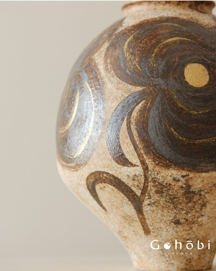 Gohobi Japanese Wabi-Sabi Hand-Painted Flower Vase – Handmade Sand Texture Ceramic Ornament