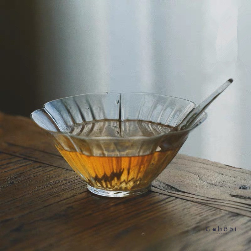 Gohobi Handcrafted Flower Glass Bowl with Spoon – Perfect for Matcha Ceremony, Lattes & Desserts