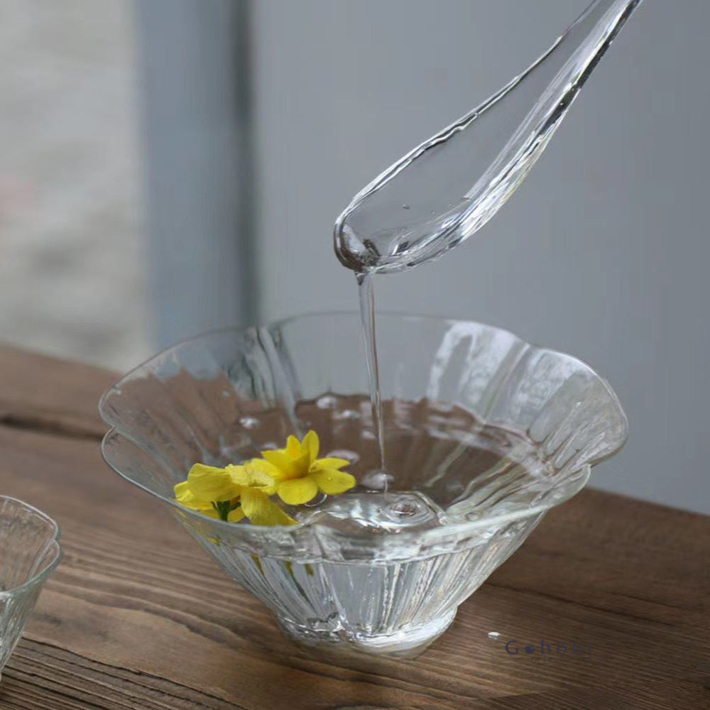 Gohobi Handcrafted Flower Glass Bowl with Spoon – Perfect for Matcha Ceremony, Lattes & Desserts