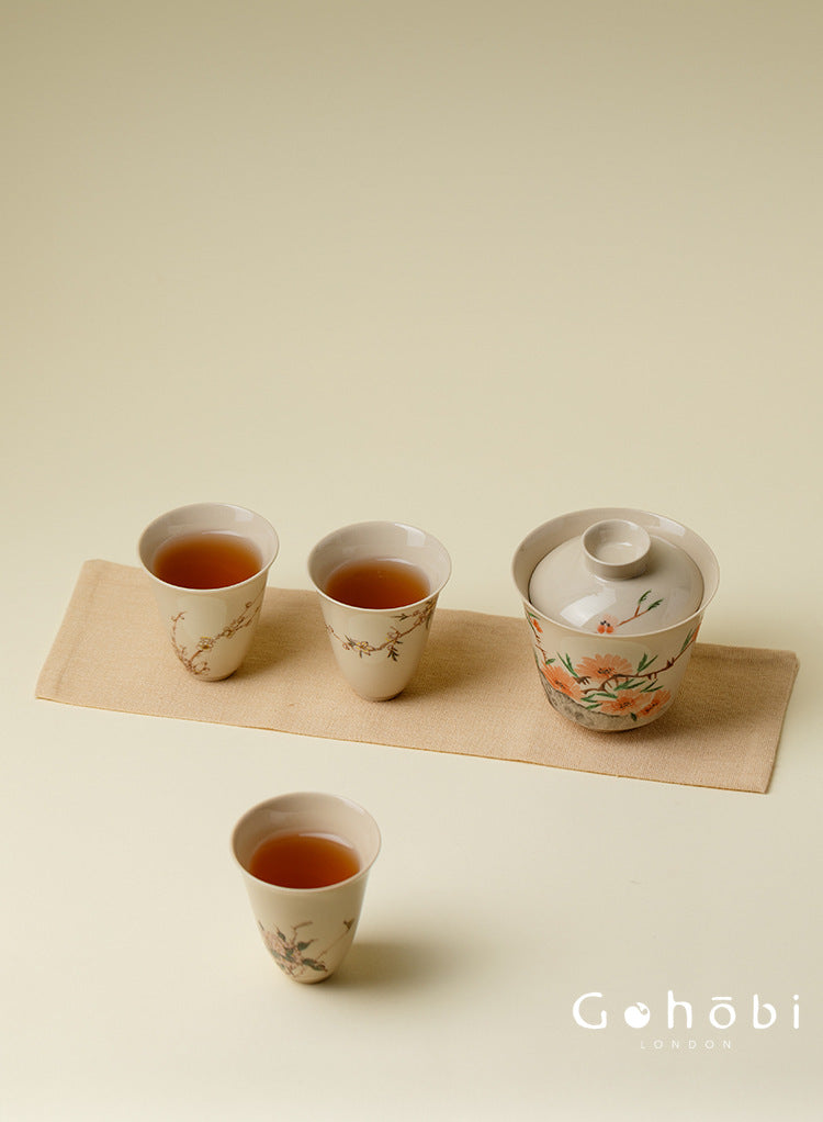 Gohobi Wood Ash Glaze Travel Tea Set – Hand-Painted Gaiwan Tea Set with Leather Case