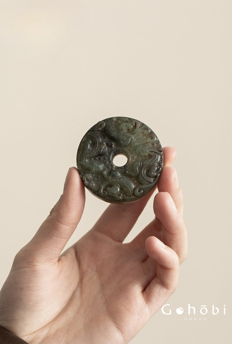Gohobi Antique Style Jade Pendant – Pixiu and Ruyi Tea Ceremony Decorative Pendant