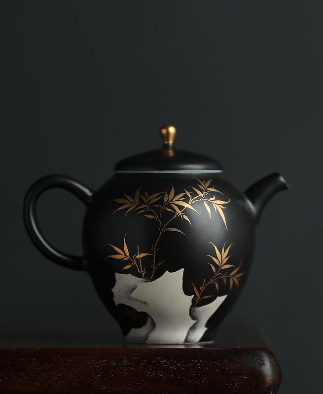 LAST ONE Gohobi Hand painted Bamboo Stone Black Teapot Ceramic Chinese Gongfu tea Kung fu tea Japanese Chado