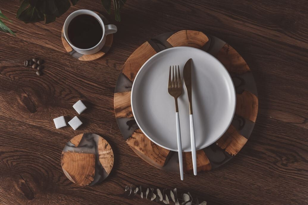 Gohobi 10CM (3.94”) Round Square wooden Resin coaster epoxy tea unique handmade gift placemats Teaware Japanese house living room