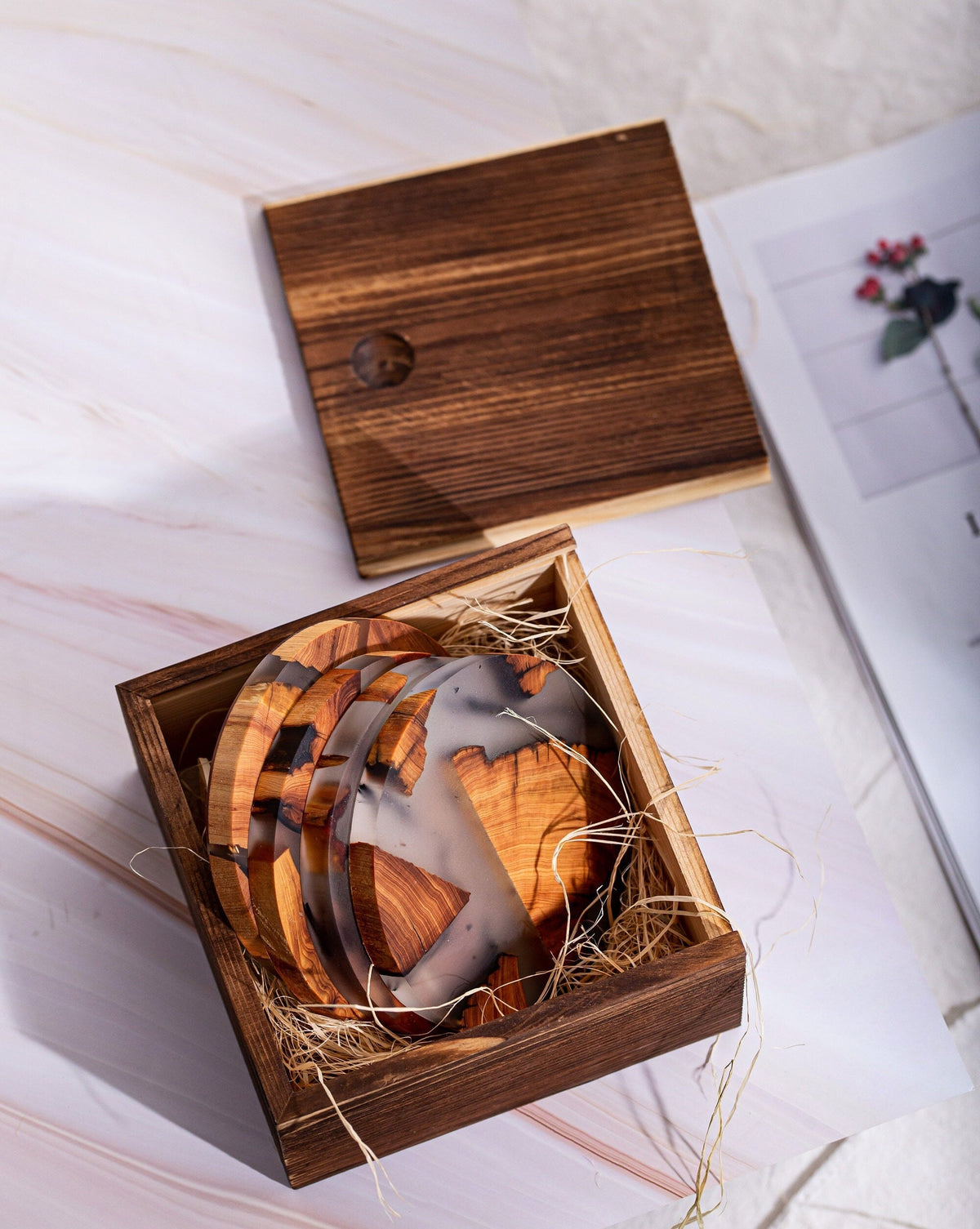 Gohobi 10CM (3.94”) Round Square wooden Resin coaster epoxy tea unique handmade gift placemats Teaware Japanese house living room