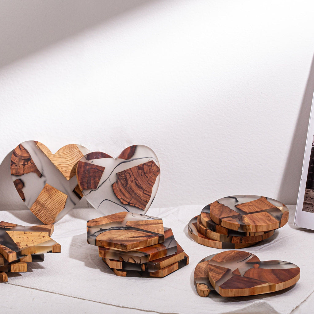 Gohobi LIMITED EDITION Set of 4 Wooden resin coasters placemats + Wooden gift box wabi sabi